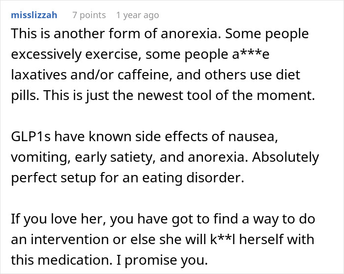 A comment asserting that excessive exercise, laxatives, and diet pills are forms of anorexia, and GLP1s are a perfect setup for an eating disorder.