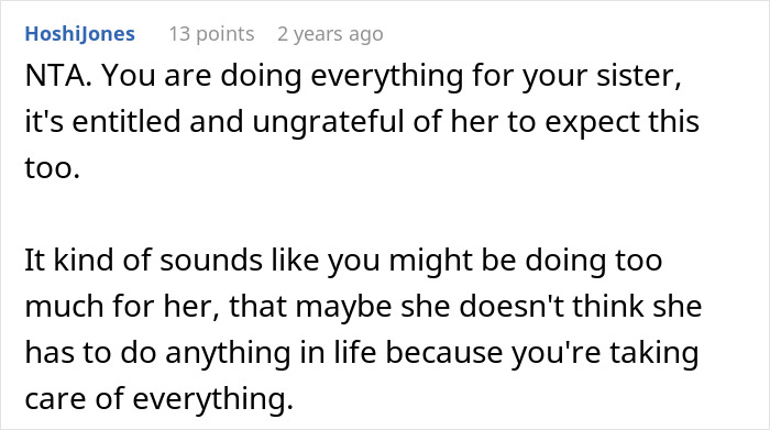 A comment criticizing the sister's entitlement regarding the family vacation and nanny arrangement.