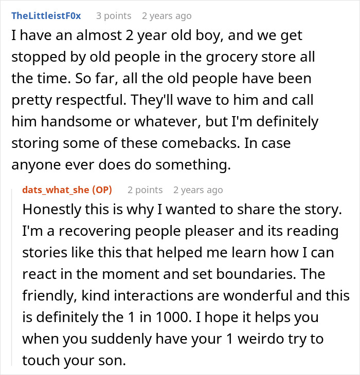 A parent sharing how they store comebacks for xenophobic remarks and the original poster discussing setting boundaries. A parent sharing how they store comebacks for xenophobic remarks and the original poster discussing setting boundaries.