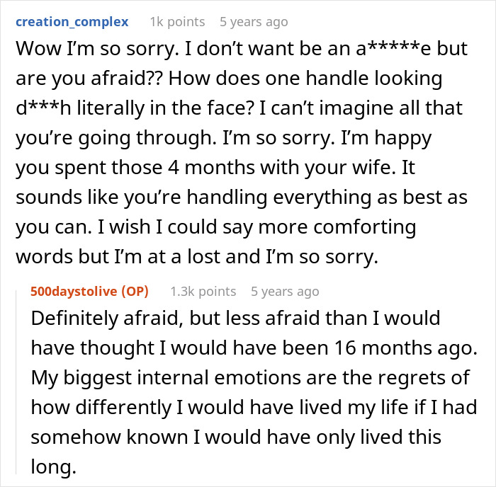 A screenshot of a Reddit comment expressing sympathy and asking if the husband is afraid to share the sad news with his wife. A screenshot of a Reddit comment expressing sympathy and asking if the husband is afraid to share the sad news with his wife.