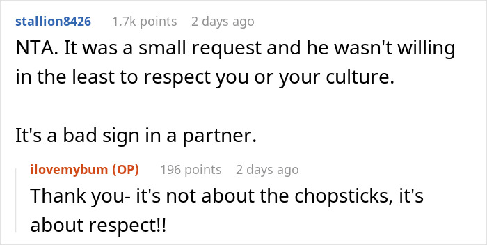 A Reddit comment from stallion8426 stating NTA and that a boyfriend unwilling to respect a partner's culture is a bad sign. A Reddit comment from stallion8426 stating NTA and that a boyfriend unwilling to respect a partner's culture is a bad sign.