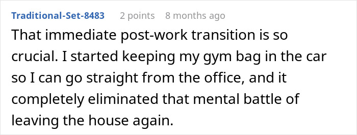 A person shares a simple trick about keeping a gym bag in the car for a life-changing post-work transition.
