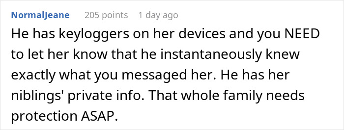A Reddit comment suggesting the guy has keyloggers on his 'GF's' devices, emphasizing the privacy invasion.