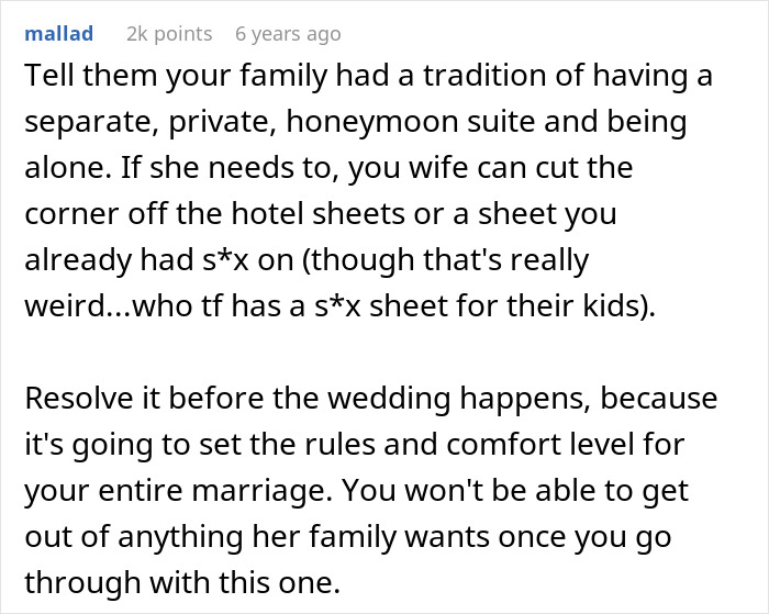A Reddit comment suggesting a fake tradition or sheet to avoid sharing the wedding night bed sheet with the family.