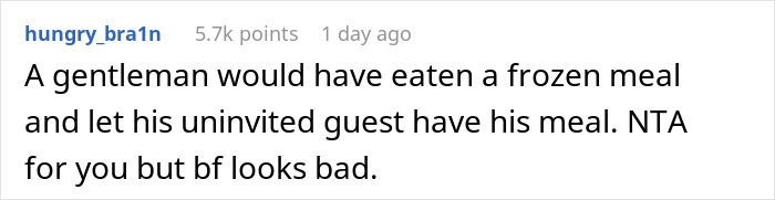 A Reddit comment suggesting a gentleman would have eaten the frozen meal, instead of expecting steak and lobster. A Reddit comment suggesting a gentleman would have eaten the frozen meal, instead of expecting steak and lobster.