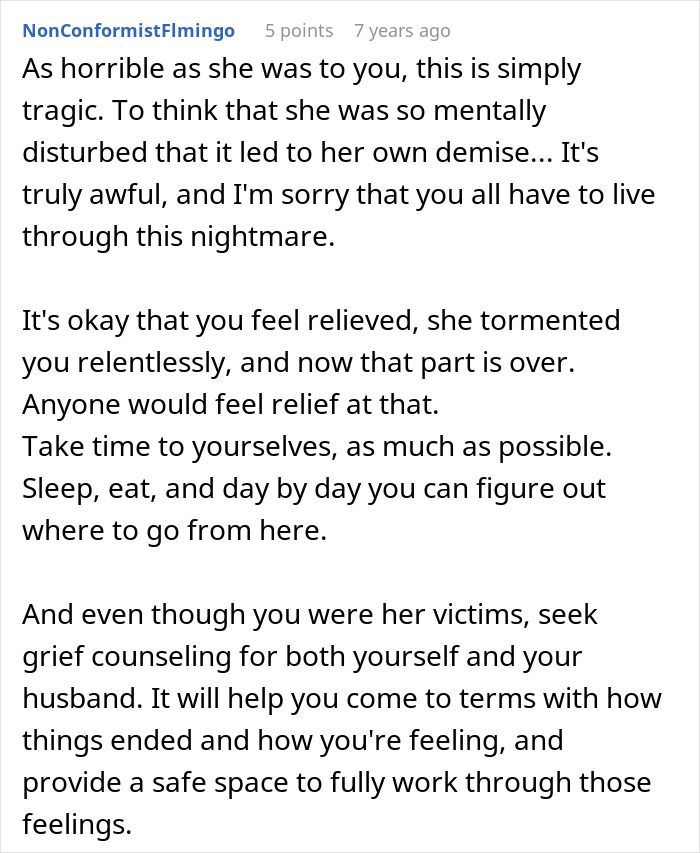 A screenshot of a Reddit comment discussing the tragic demise of a crazy MIL after her potion failed.