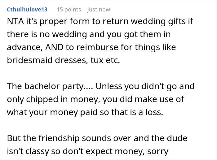 A screenshot showing a comment about a groomsman wanting back wedding expenses, suggesting gifts should be returned for a canceled wedding. A screenshot showing a comment about a groomsman wanting back wedding expenses, suggesting gifts should be returned for a canceled wedding.