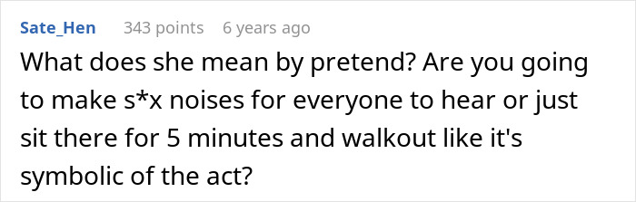 A Reddit comment asking if a couple will make s*x noises or just sit there for 5 minutes during their wedding night tradition.