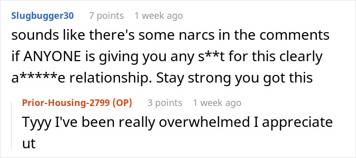 A Reddit comment thread with users discussing the a*****e relationship with a narcissist mom and offering support. A Reddit comment thread with users discussing the a*****e relationship with a narcissist mom and offering support.