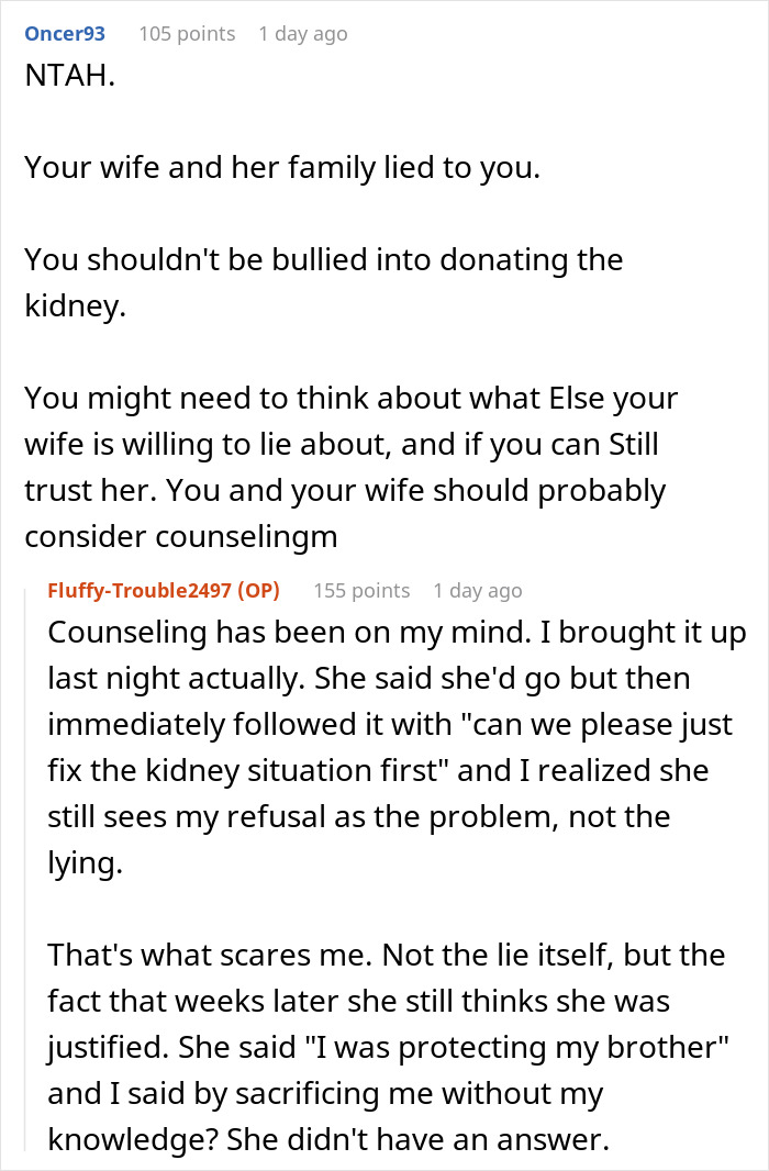 Reddit comment advising counseling due to the wife's lies regarding donating a kidney to BIL. Reddit comment advising counseling due to the wife's lies regarding donating a kidney to BIL.