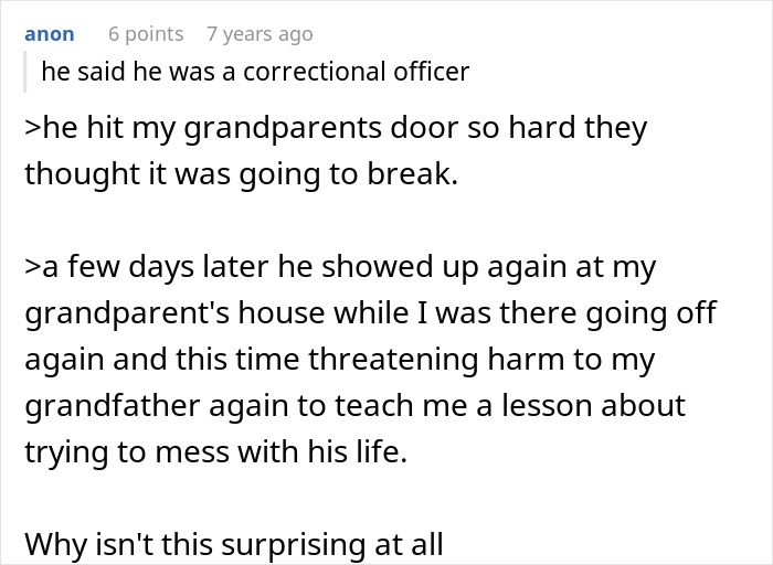A comment describing the angry owner's reaction, hitting a door and threatening the grandfather for saving a neglected dog. A comment describing the angry owner's reaction, hitting a door and threatening the grandfather for saving a neglected dog.