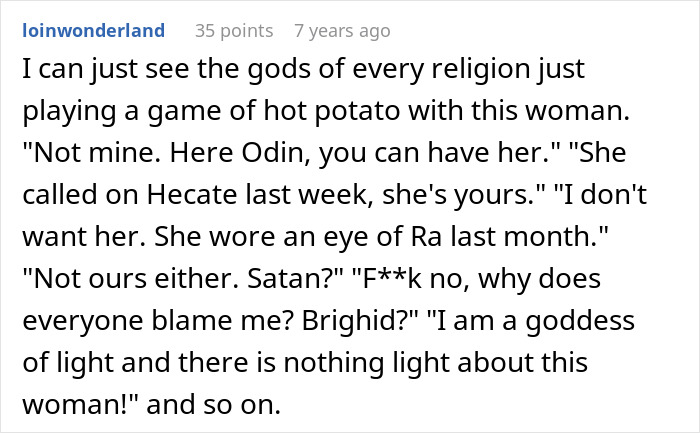 A Reddit comment humorously depicting gods playing hot potato with a crazy MIL who is witching around.