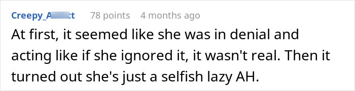 A screenshot of a Reddit comment about a postpartum wife expecting her husband with cancer to do housework.
