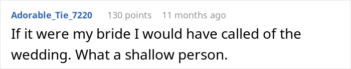 A comment section post from a user about the bride's twisted values and how it affects the groom's future.