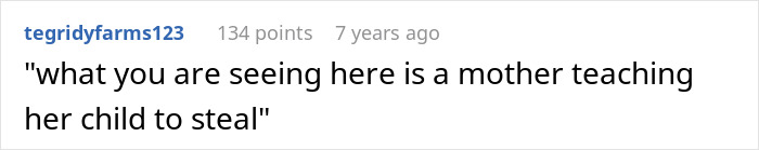A comment saying a mother is teaching her child to steal, regarding a Karen accusing a stranger of harming her kid.