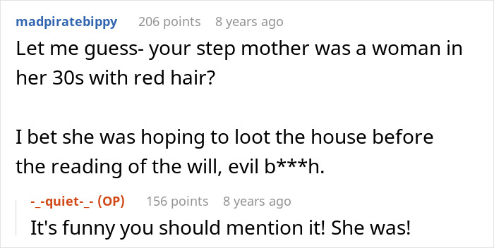 Screenshot of an online comment speculating about the stepmother's identity and her fuming reaction to the great-grandma's will. Screenshot of an online comment speculating about the stepmother's identity and her fuming reaction to the great-grandma's will.