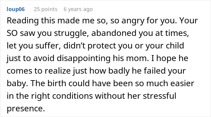 A screenshot of a comment about a new mom feeling betrayed by her MIL and husband during delivery. A screenshot of a comment about a new mom feeling betrayed by her MIL and husband during delivery.