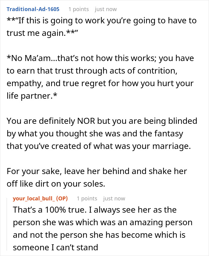 A Reddit comment advising the original poster to leave their cheating wife and shake her off like dirt on their soles. A Reddit comment advising the original poster to leave their cheating wife and shake her off like dirt on their soles.