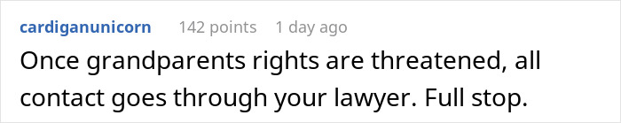 A social media comment advising a daughter to contact a lawyer when her mom threatens to sue her. A social media comment advising a daughter to contact a lawyer when her mom threatens to sue her.