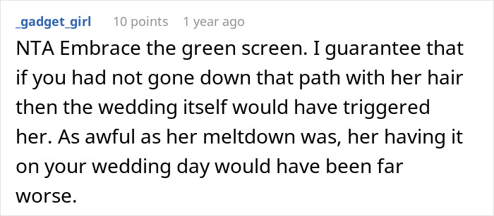 A comment about the woman's scary fixation, recommending embracing the green screen to avoid a wedding trigger.
