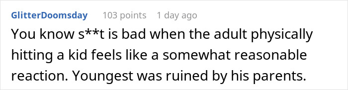 A comment about an adult hitting a kid feeling like a reasonable reaction in the context of a brother mocking a trans friend at a wedding. A comment about an adult hitting a kid feeling like a reasonable reaction in the context of a brother mocking a trans friend at a wedding.