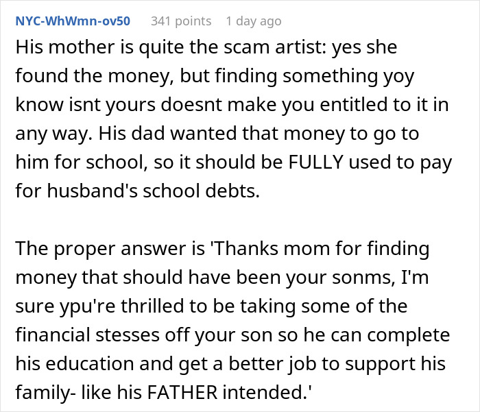 A Reddit comment explaining why the mom is not entitled to a finder's fee for her son's long-lost money. A Reddit comment explaining why the mom is not entitled to a finder's fee for her son's long-lost money.