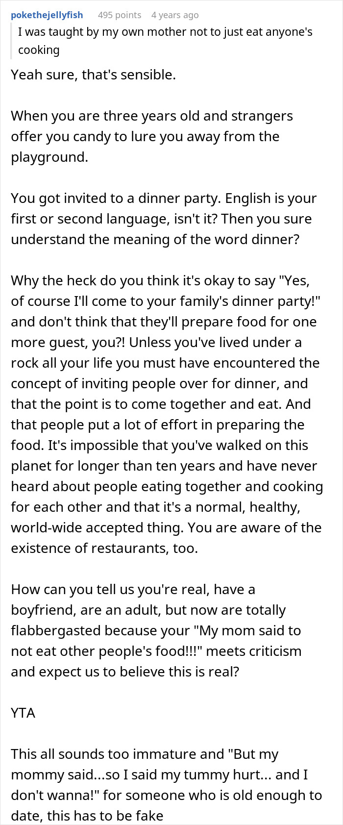 A social media comment criticizing a woman who refuses to eat at her MIL's home, discussing her cooking refusal.