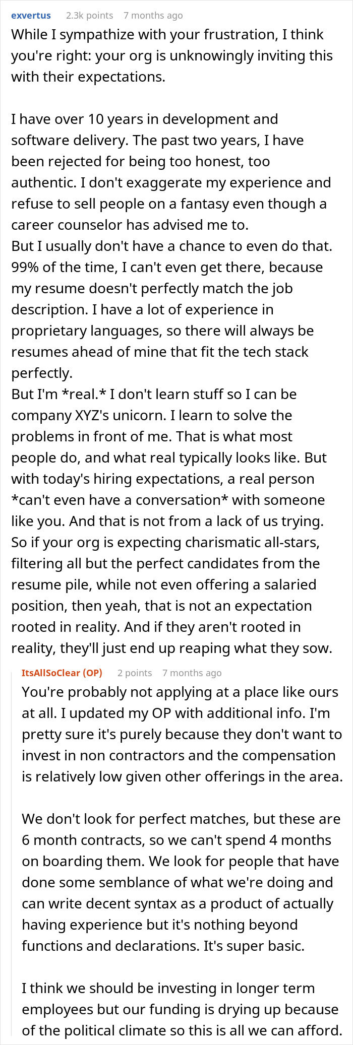 A software engineer finds out about a new hiring scam. The image shows a long text post discussing hiring expectations.