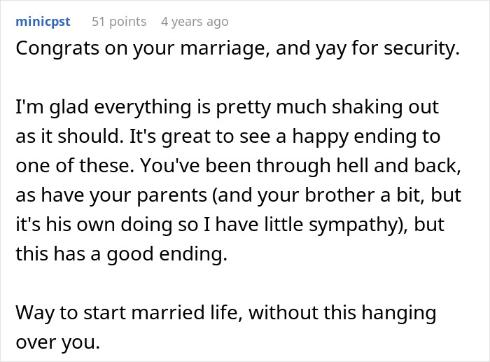 Screenshot of text: Congrats on your marriage, and yay for security. Entitled man loses more than he bargained for at brother's wedding.