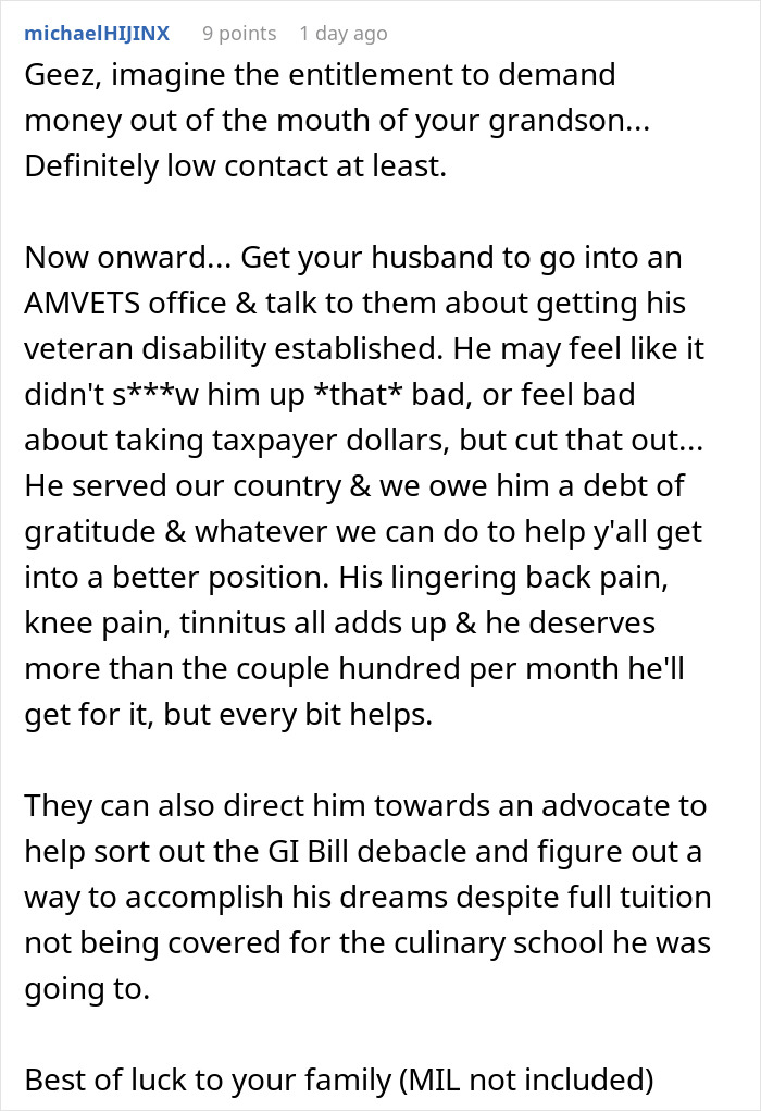 A comment discussing the mom's entitlement and suggesting resources for the son's veteran disability. A comment discussing the mom's entitlement and suggesting resources for the son's veteran disability.
