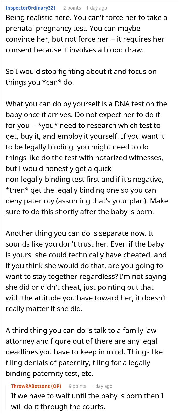 The husband considers a prenatal pregnancy test to confirm suspicions about his wife's phone activity.