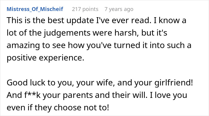 A Reddit comment praises a transitioning husband and his lesbian wife for a positive experience. A Reddit comment praises a transitioning husband and his lesbian wife for a positive experience.