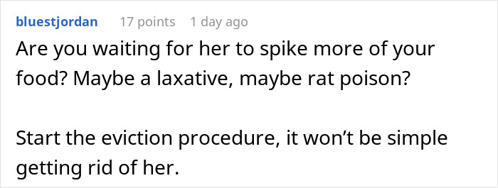 A Reddit comment advising the boyfriend to start eviction after the woman's revenge. A Reddit comment advising the boyfriend to start eviction after the woman's revenge.