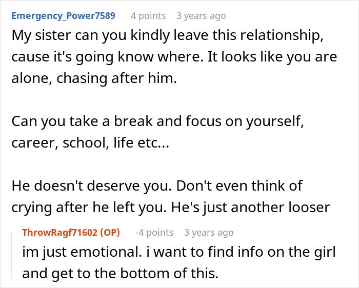 A comment advising a woman to leave her cheating ex, focus on herself, and not cry after he left her.