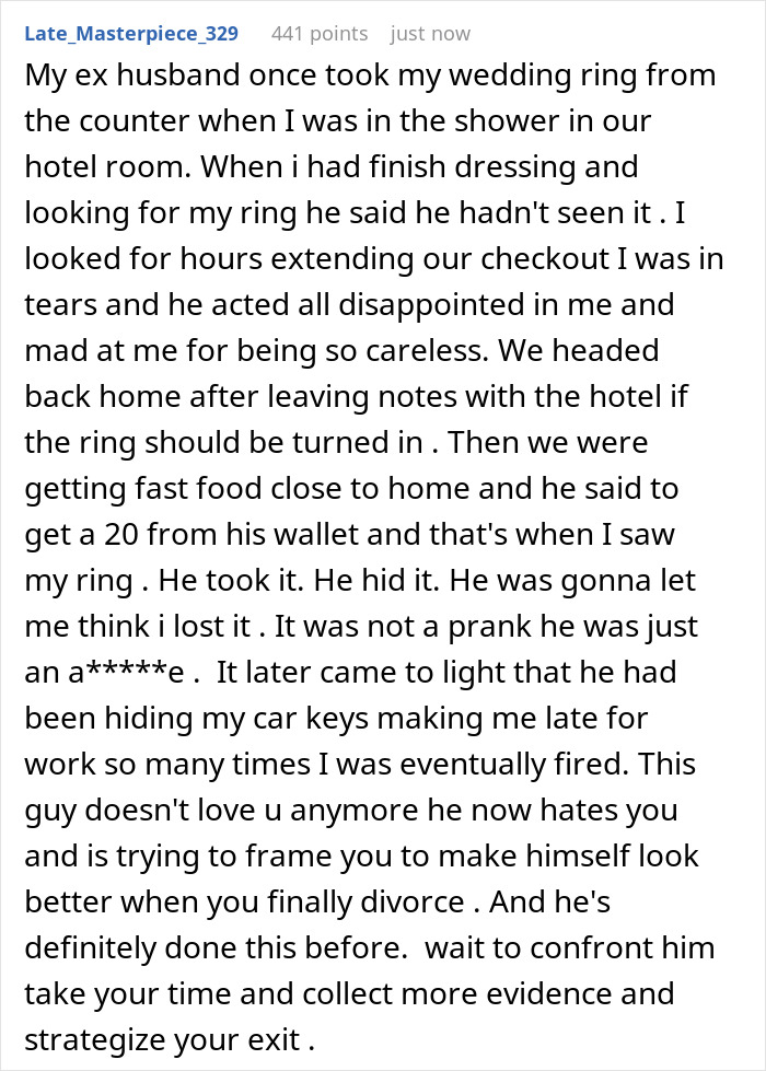 A detailed account of an ex-husband hiding a wedding ring and car keys, illustrating the missing business sign incident. A detailed account of an ex-husband hiding a wedding ring and car keys, illustrating the missing business sign incident.