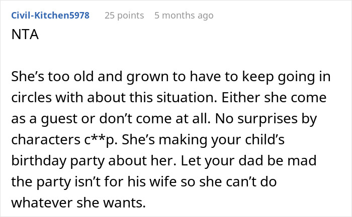 A Reddit comment advising the original poster to ban the stepmom from future parties for trying to hijack a kid's birthday. A Reddit comment advising the original poster to ban the stepmom from future parties for trying to hijack a kid's birthday.