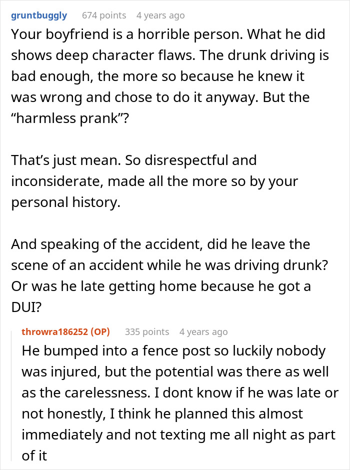 Reddit comment from gruntbuggly calling the boyfriend a horrible person for a cruel prank and blaming his girlfriend. Reddit comment from gruntbuggly calling the boyfriend a horrible person for a cruel prank and blaming his girlfriend.
