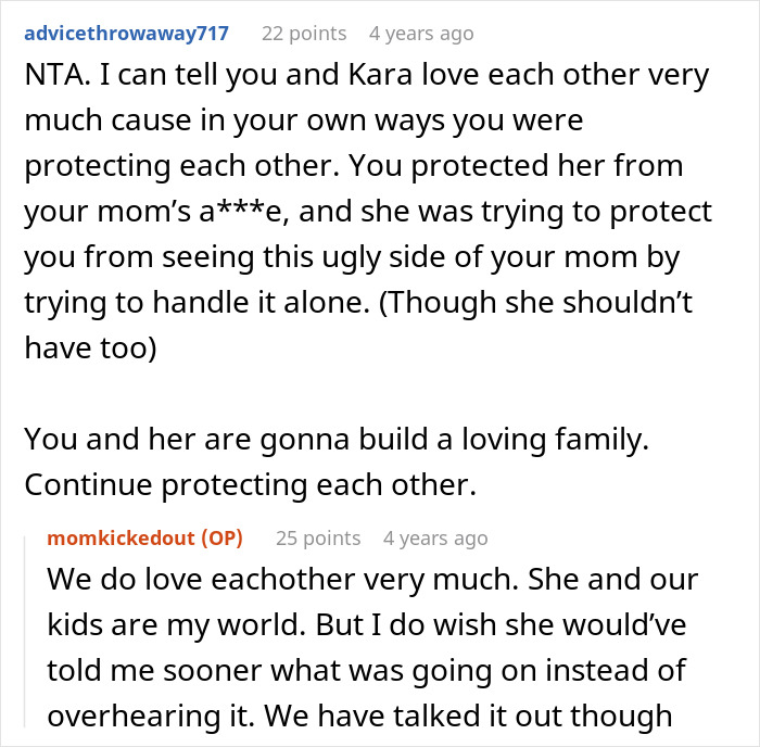 A screenshot from Reddit showing a man and his wife protecting each other from his mom's harassment.