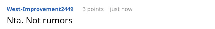 A Reddit comment stating 'Nta. Not rumors' in response to the bride's accusation of spreading rumors.