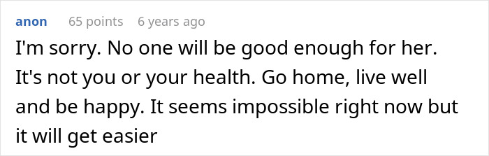 A comment about a future mother-in-law calling a woman defective and trying to stop her son from marrying her.