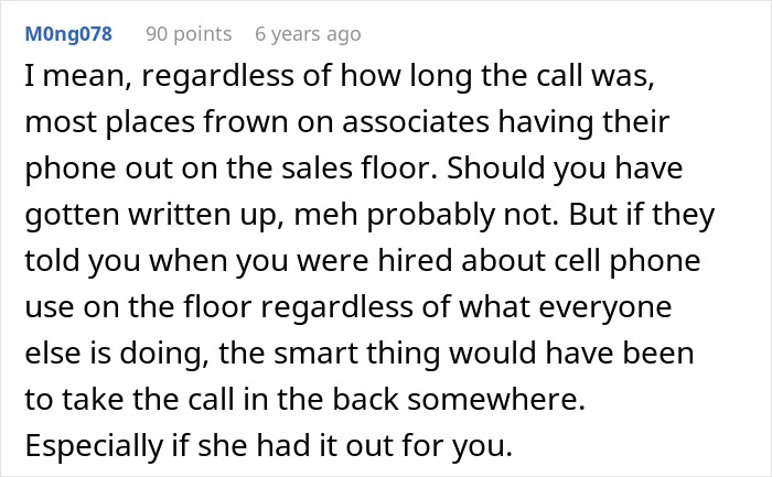 A comment from M0ng078 on a lazy manager firing a student worker over a sick day, discussing cell phone use.