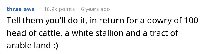 A Reddit comment suggesting demanding a dowry of cattle, a stallion, and land for the wedding night bed sheet.