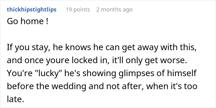 A comment about a fiancé being upset about football, advising the woman to go home and avoid future issues. A comment about a fiancé being upset about football, advising the woman to go home and avoid future issues.