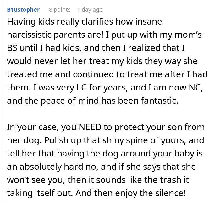 A user comment on dealing with a delusional mom and her dog after having children. A user comment on dealing with a delusional mom and her dog after having children.