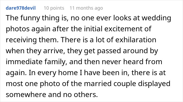 A comment from dare978devil describing how a bride with twisted values made a messed up request about wedding photos.