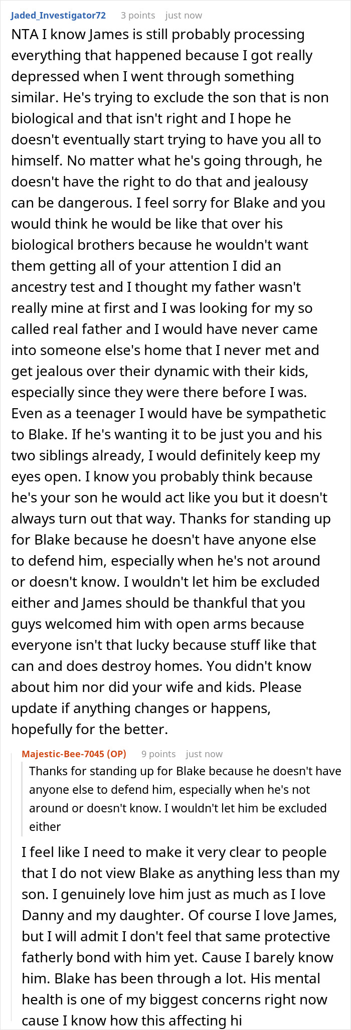 A screenshot of a Reddit comment empathizing with the adopted son and discussing the newly found bio son's feelings. A screenshot of a Reddit comment empathizing with the adopted son and discussing the newly found bio son's feelings.