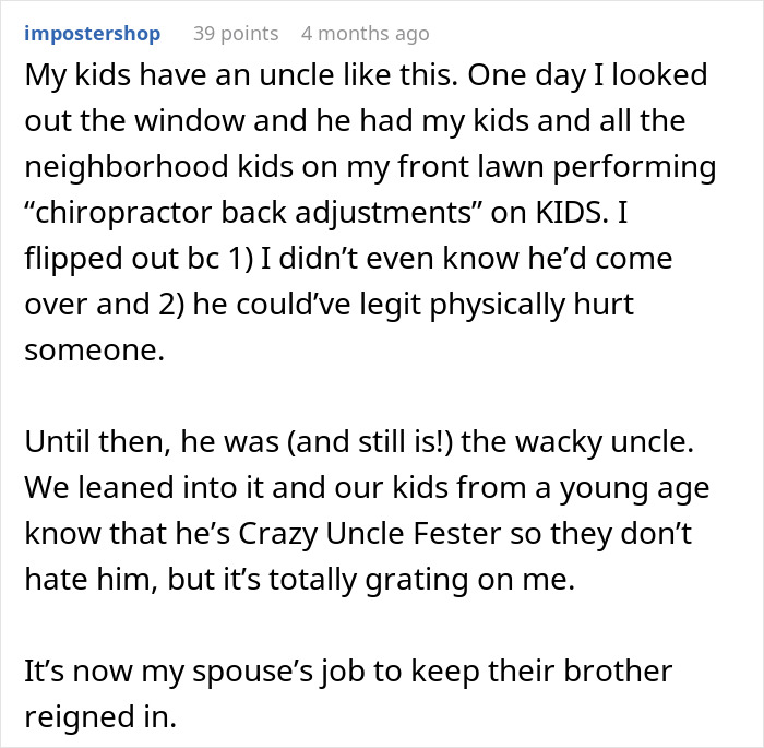 A Reddit comment describes an uncle performing chiropractor back adjustments on kids, highlighting a stepmom hijacking a kids birthday. A Reddit comment describes an uncle performing chiropractor back adjustments on kids, highlighting a stepmom hijacking a kids birthday.