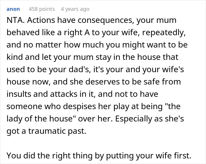 A screenshot of a Reddit comment supporting a man who refuses to house his mom after her harassment of his wife.