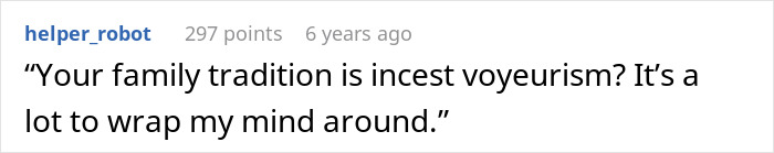 A Reddit comment about a bride's family tradition, calling it incest voyeurism and expressing shock at the custom.
