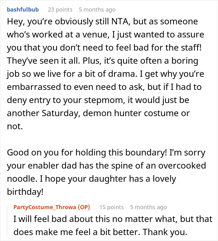 Screenshot of Reddit comments regarding a stepmom banned from a kid's birthday, with discussion about K-pop character. Screenshot of Reddit comments regarding a stepmom banned from a kid's birthday, with discussion about K-pop character.